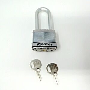 Master Lock Long Shackle Laminated Steel Padlock 2 Matching Keys Code 2916